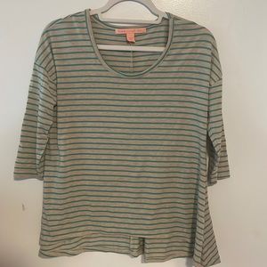 Quarter sleeve teal and tan striped top size xs